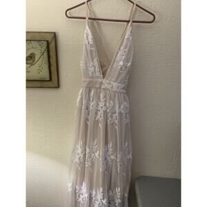 Dooktoo Dress Lacy Floral Beige Slip Under W Slits Fantasy Formal Fairy Y2K LRG